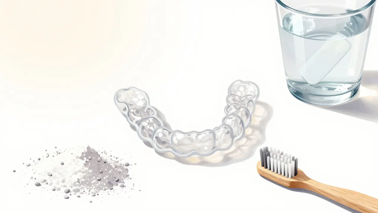 Neviditelné rovnátka na bílém povrchu s baking sodou, kartáčkem a čisticí tabletou.