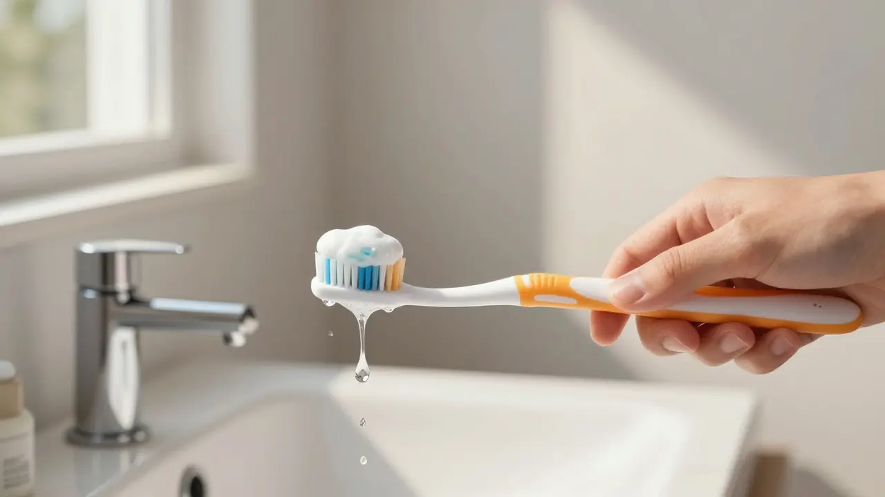 Osoba čistí zuby správnou technikou pod úhlem 45 stupňů.