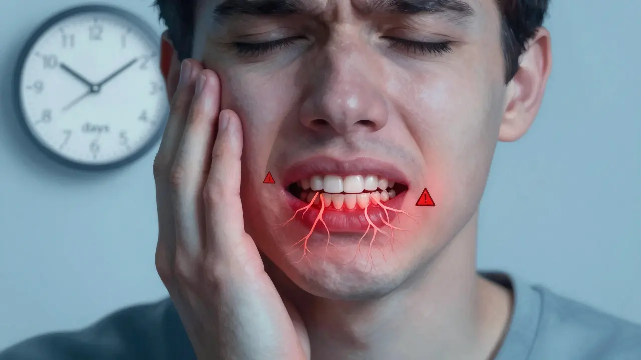 Osoba držící tvář v bolesti, s přehledem skrytého zubního poškození.