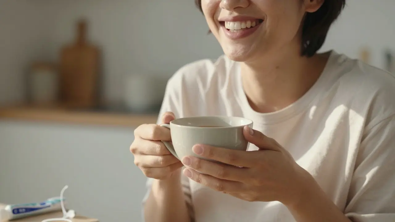 Osoba se směje v kuchyni s šálkem čaje, její nové veneers vypadají přirozeně.