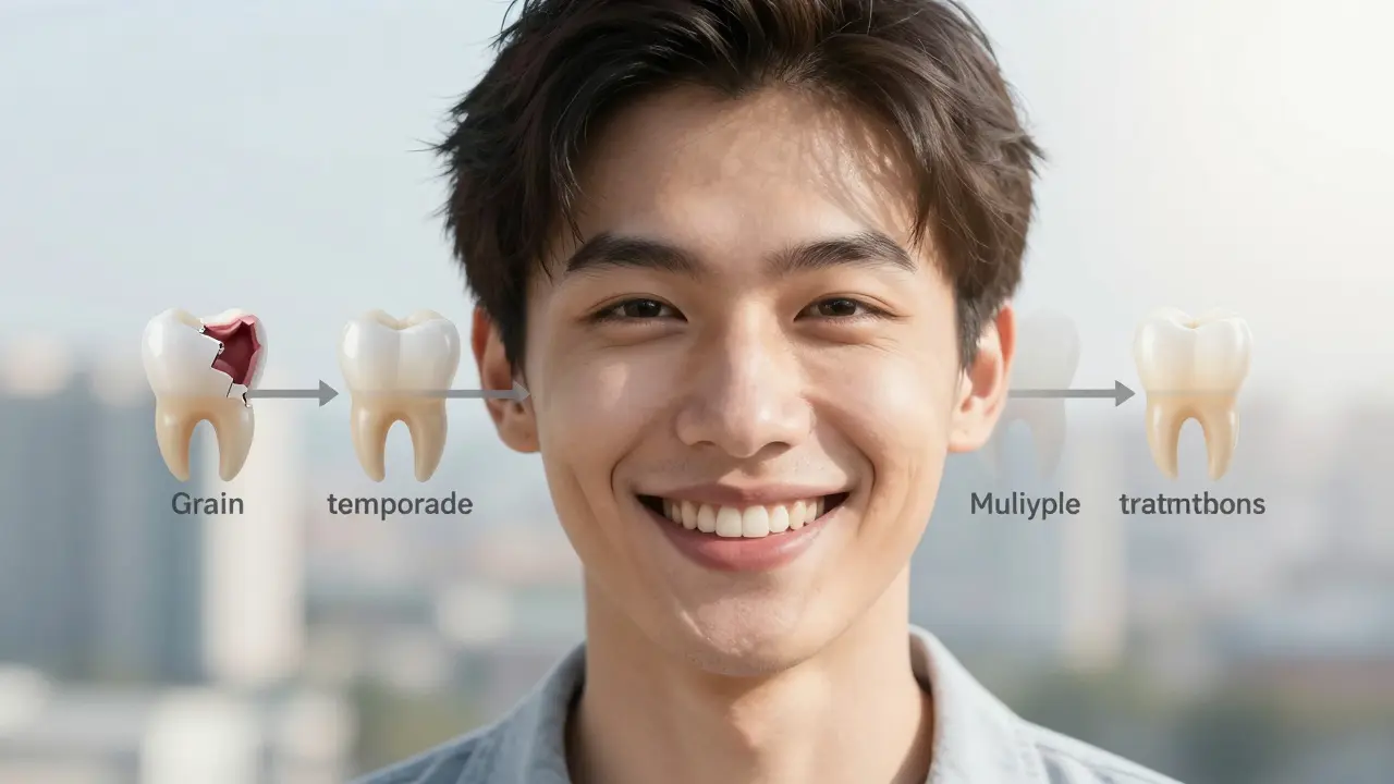 Osoba se usmívá po úspěšné opravě zubu s přehledem léčebných možností.