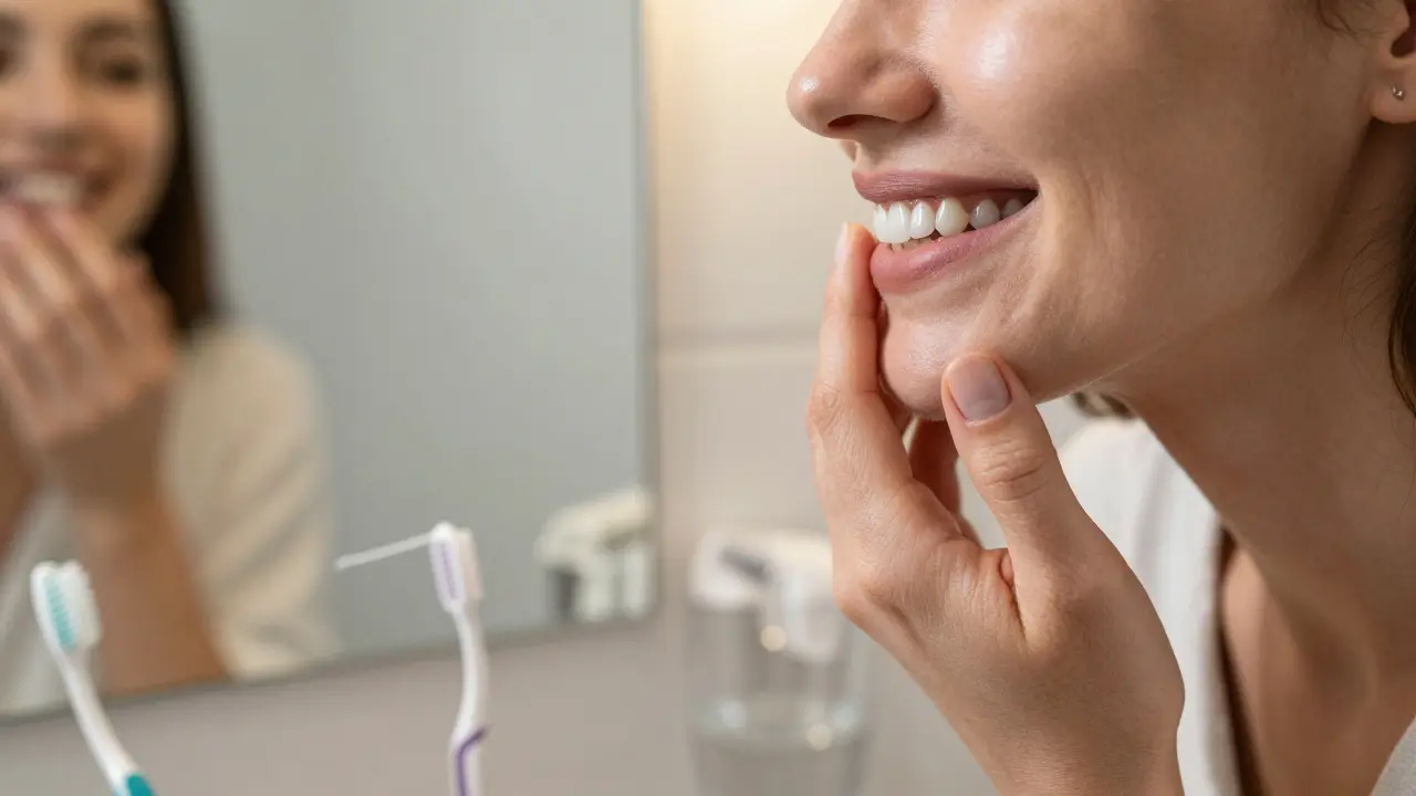 Pacientka se dívá do zrcadla a užívá si nový úsměv po aplikaci fazet.