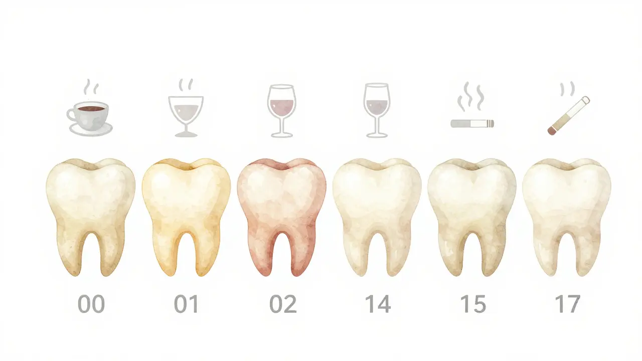 Postupné zjasnění zubu během 14 dní bělení.