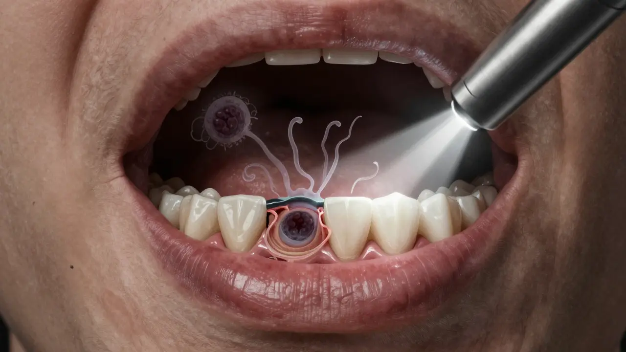 Přehled vnitřní struktury zubu s ukrytým kazem pod dásní a laserovým světlem, které ho odhaluje.