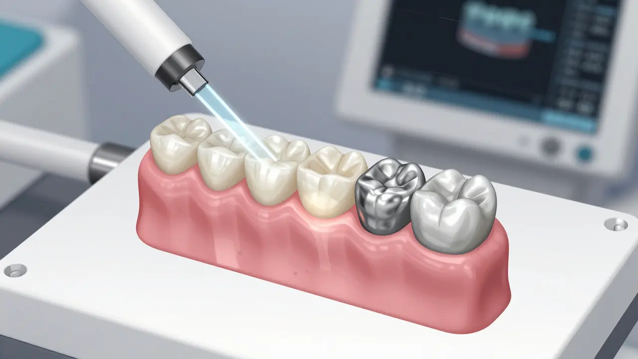 Příčný řez celokeramické korunky z zirkonie s průhledností světla a srovnáním s kovovou korunkou.