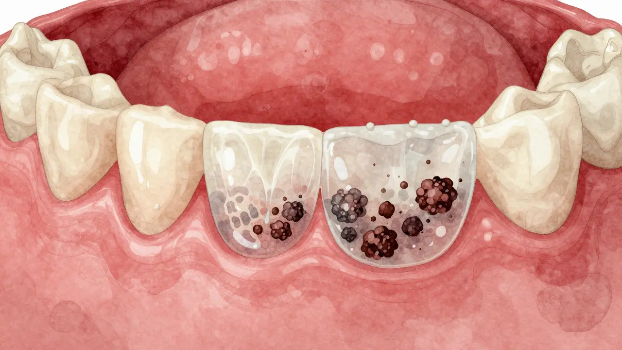 Průřez čelisti ukazuje plak, který se pod dásní mění v tvrdý zubní kámen.