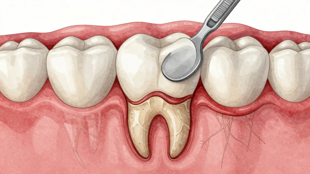 Průřez zubu ukazující kámen pod dásněmi a poškozenou kostí.