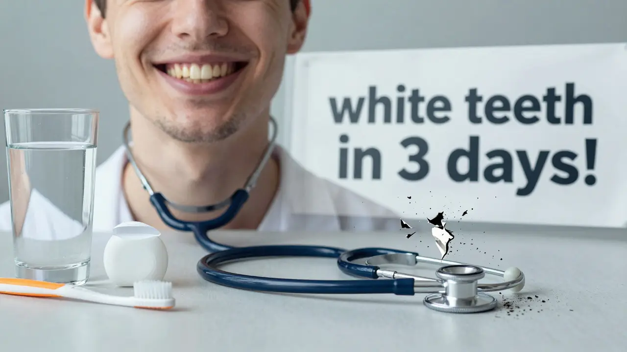 Rozdělený obraz: zdravé zuby s přirozenou barvou a zdravými návyky naproti zanikající reklamě na rychlé vybělení.