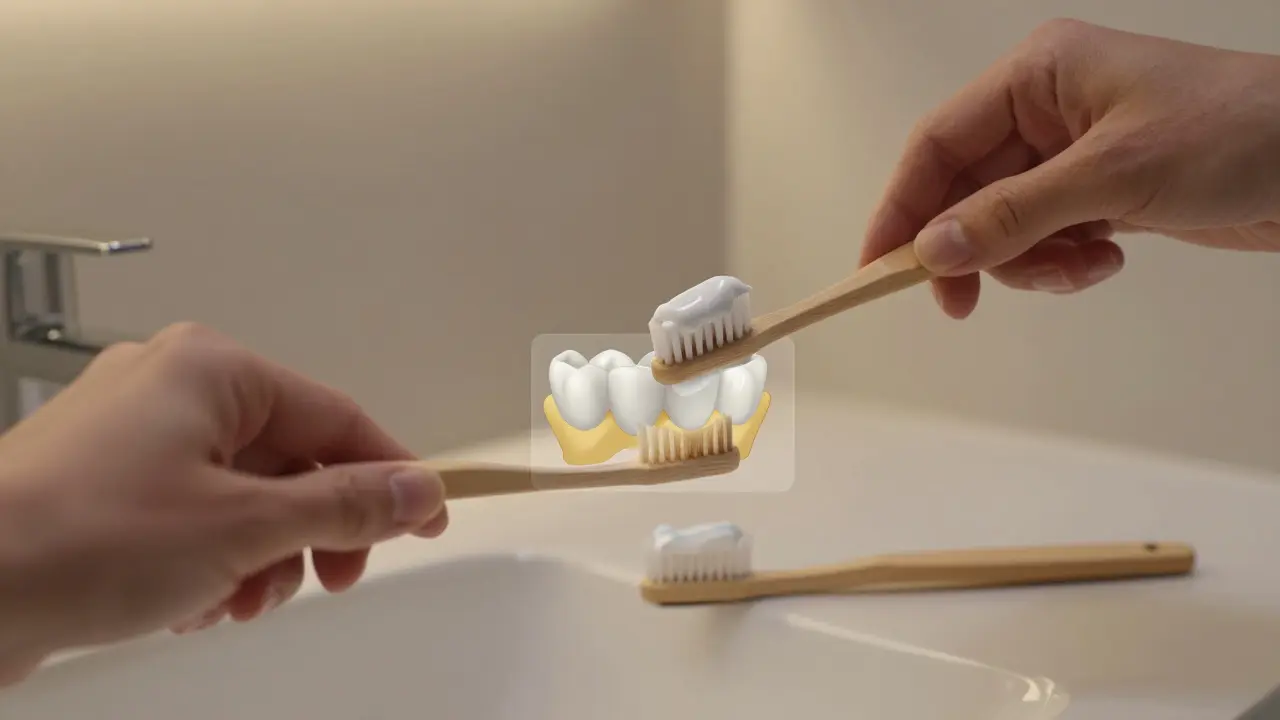 Ruka aplikuje bělící zubní pastu na zuby, vedle ní běžná pasta s fluoridem, s transparentním vysvětlením povrchového čištění.