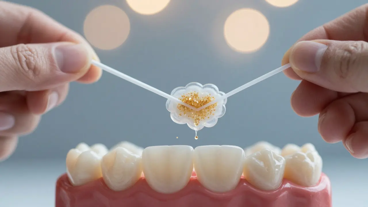 Ruka drží zubní nit, která jemně čistí mezizubní prostor, zatímco cukr se mění v kyselinu.