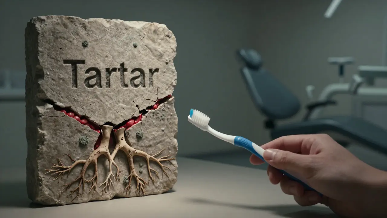 Ruka s čisticími nástroji vedle kamenitého útvaru spojeného s čelistí.