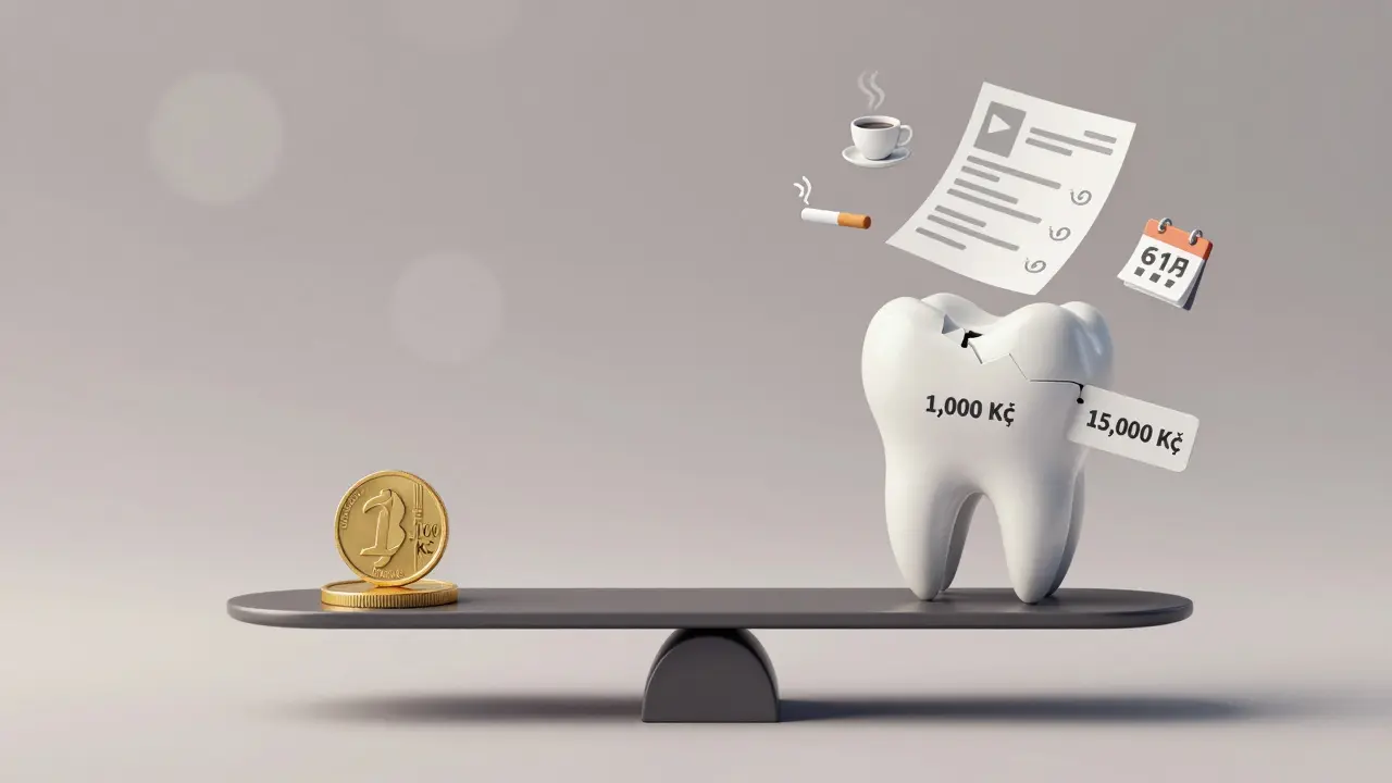 Scale balancing affordable dental care against expensive tooth loss treatment costs.