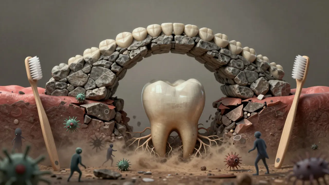 Symbolický obraz můstku jako oblouku nad rozpadajícími se zuby, obklopeným bakteriemi.
