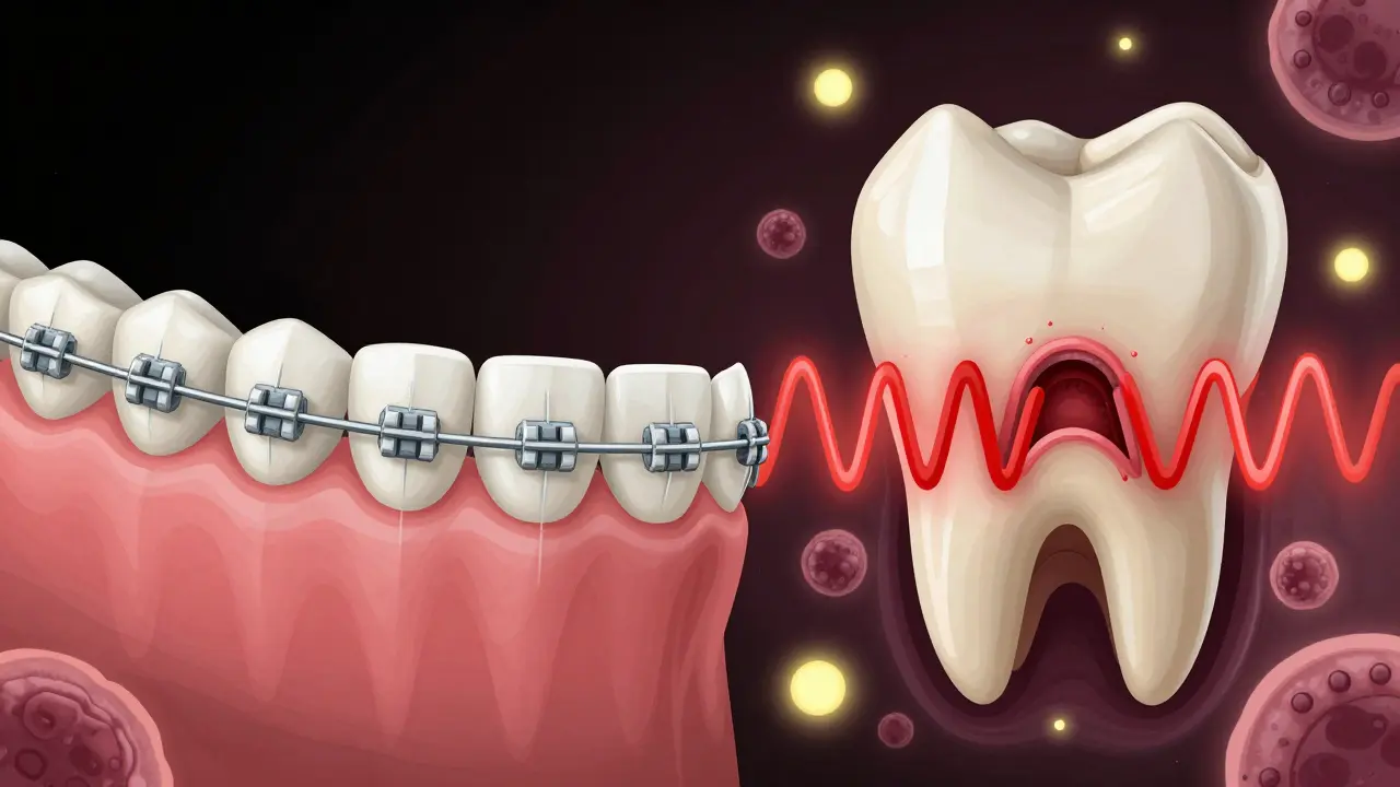 Symbolický obrázek: zub pod rovnátky s jemným tlakem na jedné straně a pulzující bolestí s kázem na druhé.