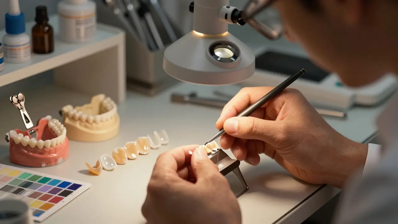 Technik v zubní laboratoři vyrábí keramické fazety podle přesných rozměrů.