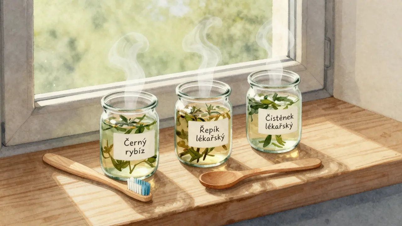 Tři sklenice s bylinnými vývary na dřevěném okenním příčku s kartáčkem.