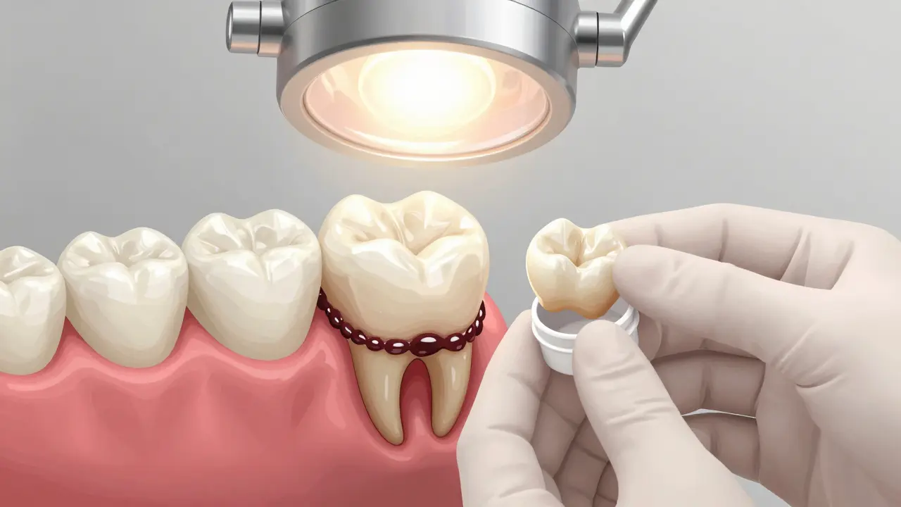 Uvolněná keramická korunka s hromaděním bakterií pod okrajem.