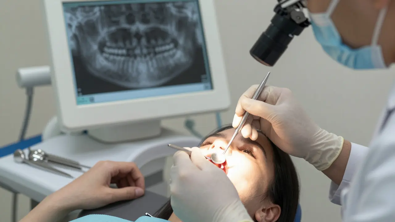 Zubař prohlíží můstek pomocí zrcátka a rentgenový snímek ukazuje karies pod ním.