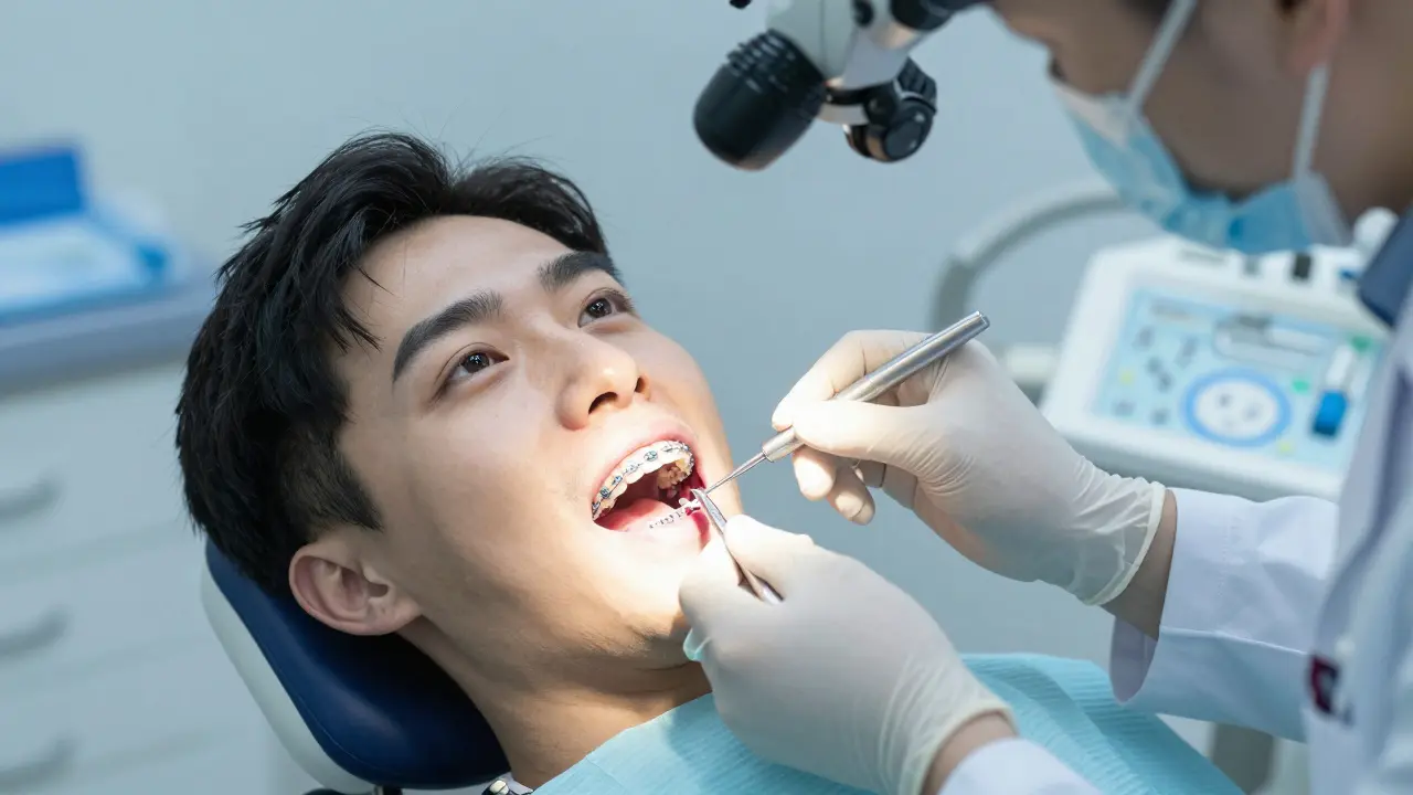 Zubní lékař odstraňuje závěs z rovnátka, aby mohl léčit káz v zubu, v pozadí mikroskop a lékařské nástroje.