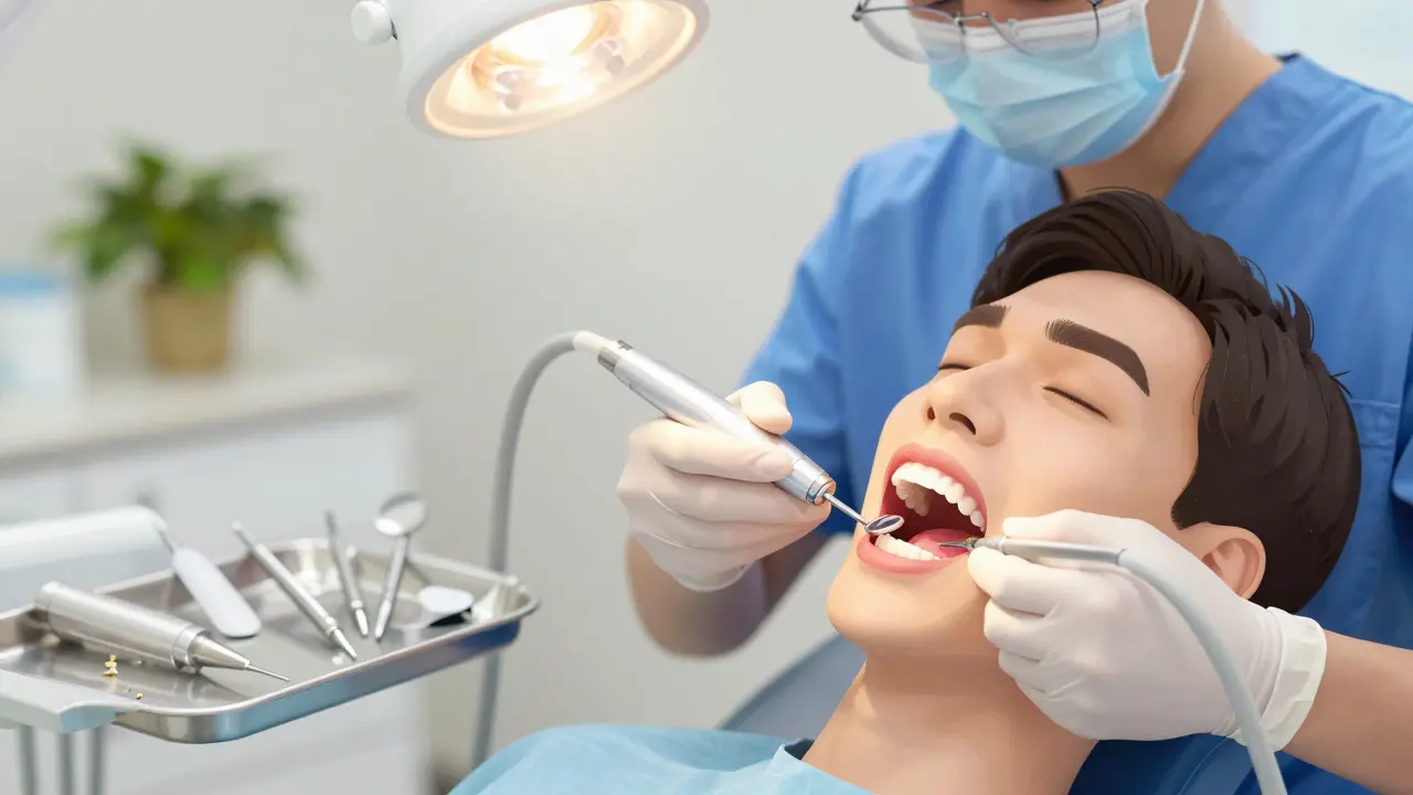 Zubní lékař odstraňuje zubní kámen pomocí ultrazvukového nástroje.