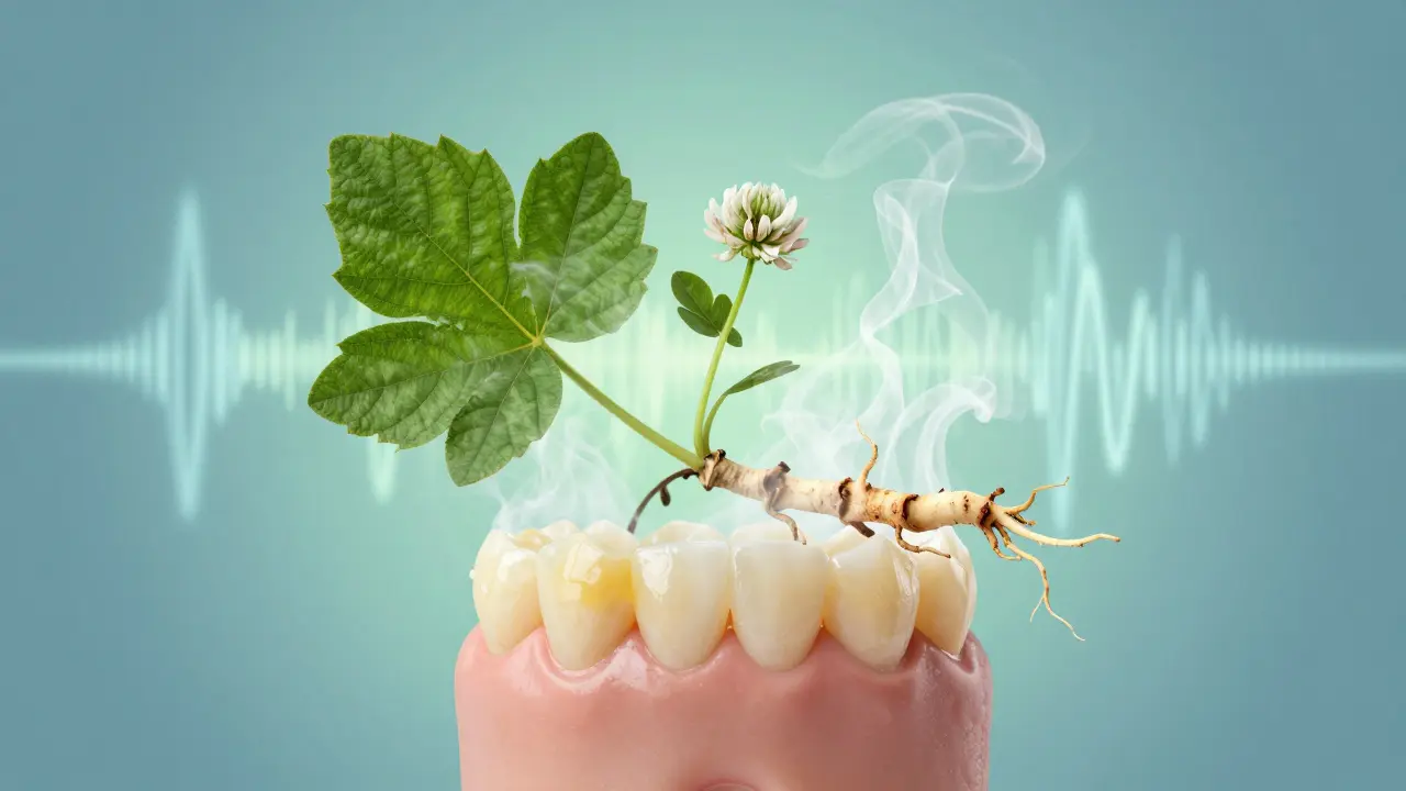 Zuby dítěte s plakem, který se mění v bylinnou mlhu a ultrazvukovou vlnou.