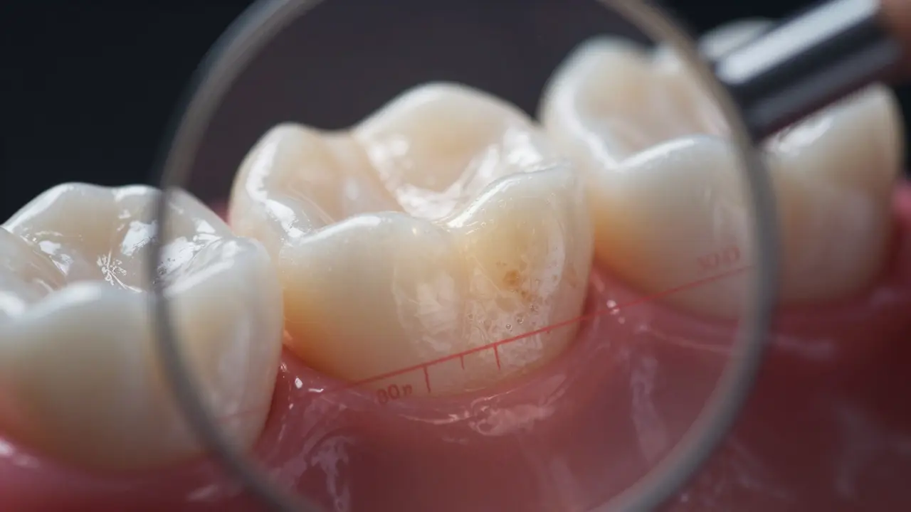 Zvětšený pohled na zub s odstraňováním skvrn a ochrannou vrstvou.