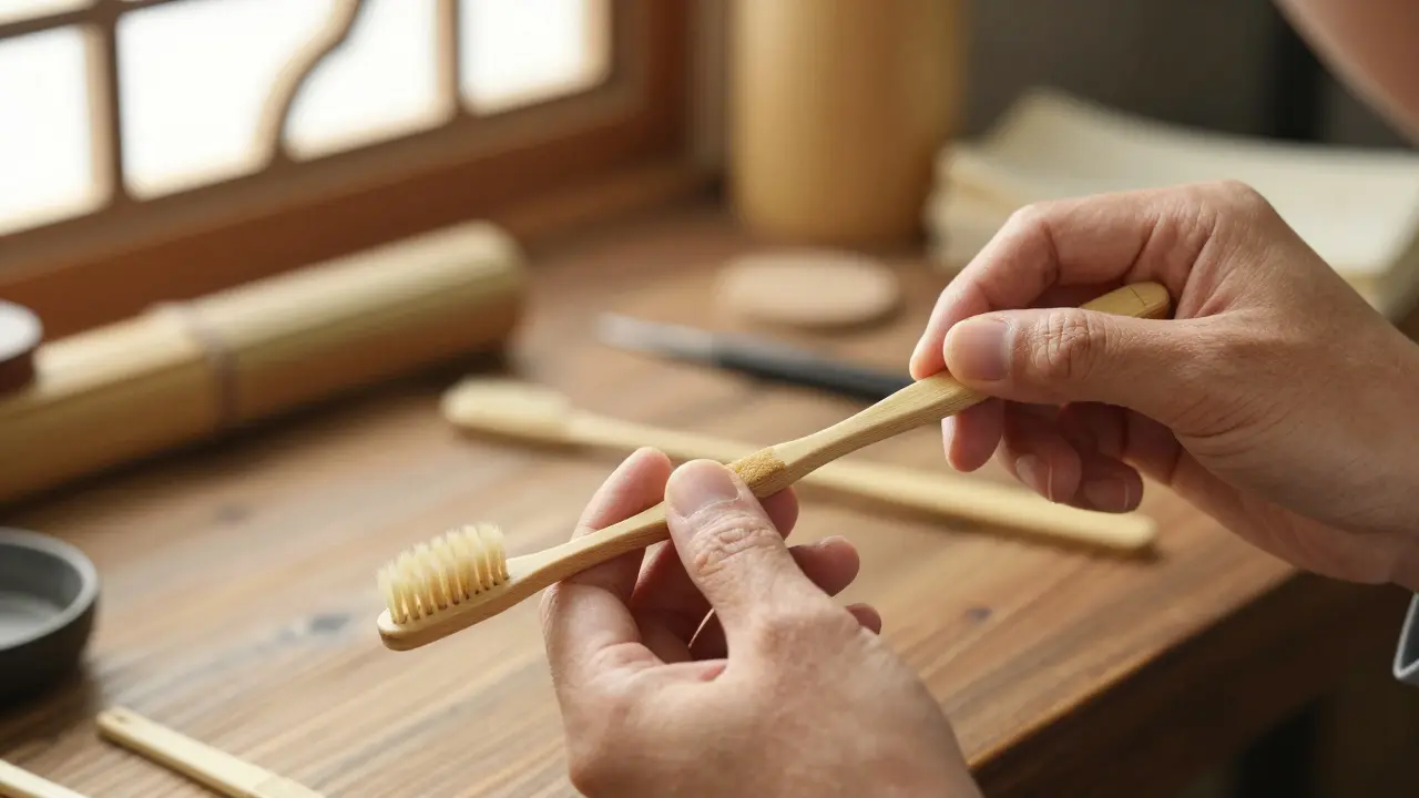 Číňan vyrábí bambusový zubní kartáč