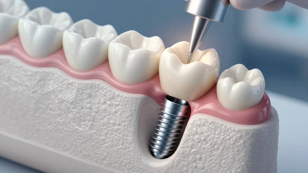 Dentální implantace: kovový šroub v čelisti s korunkou, detail kostní integrace.