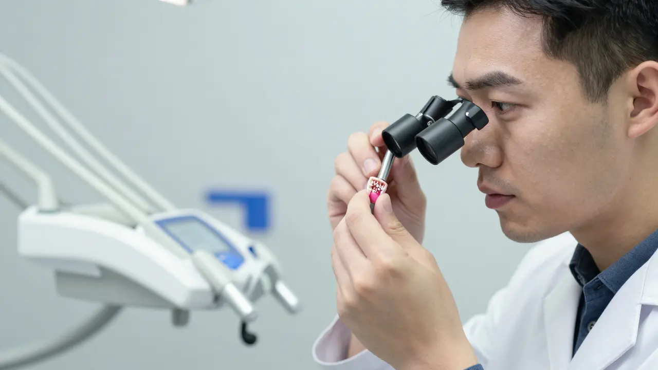 Dentista prohledává zuby s fixními braketami a viditelnými bílými skvrnami