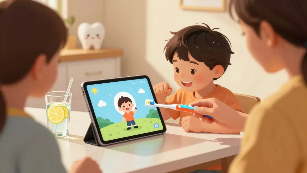 Dítě čistí zuby k zvukovému signálu z tabletové aplikace, rodiče ho podporují v pohodlném domácím prostředí