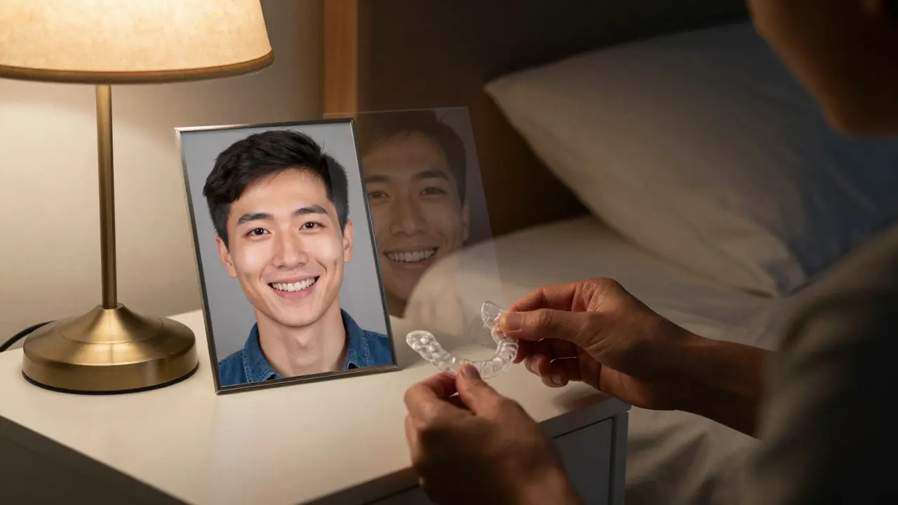 Dospělá žena ukládá odstranitelné držení na noční stolík vedle staré fotografie s křivými zuby.