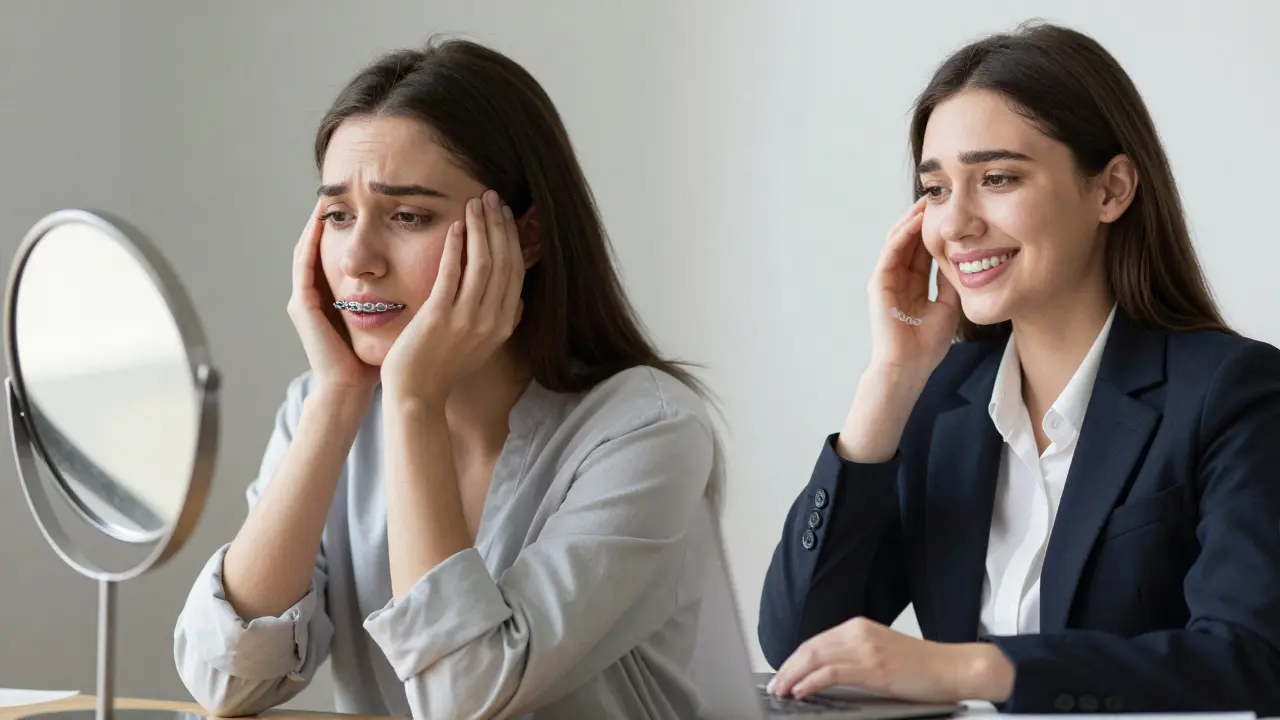 Dvě strany jedné osoby: s kovovými a s neviditelnými rovnátky – přechod od nejistoty k sebedůvěře.