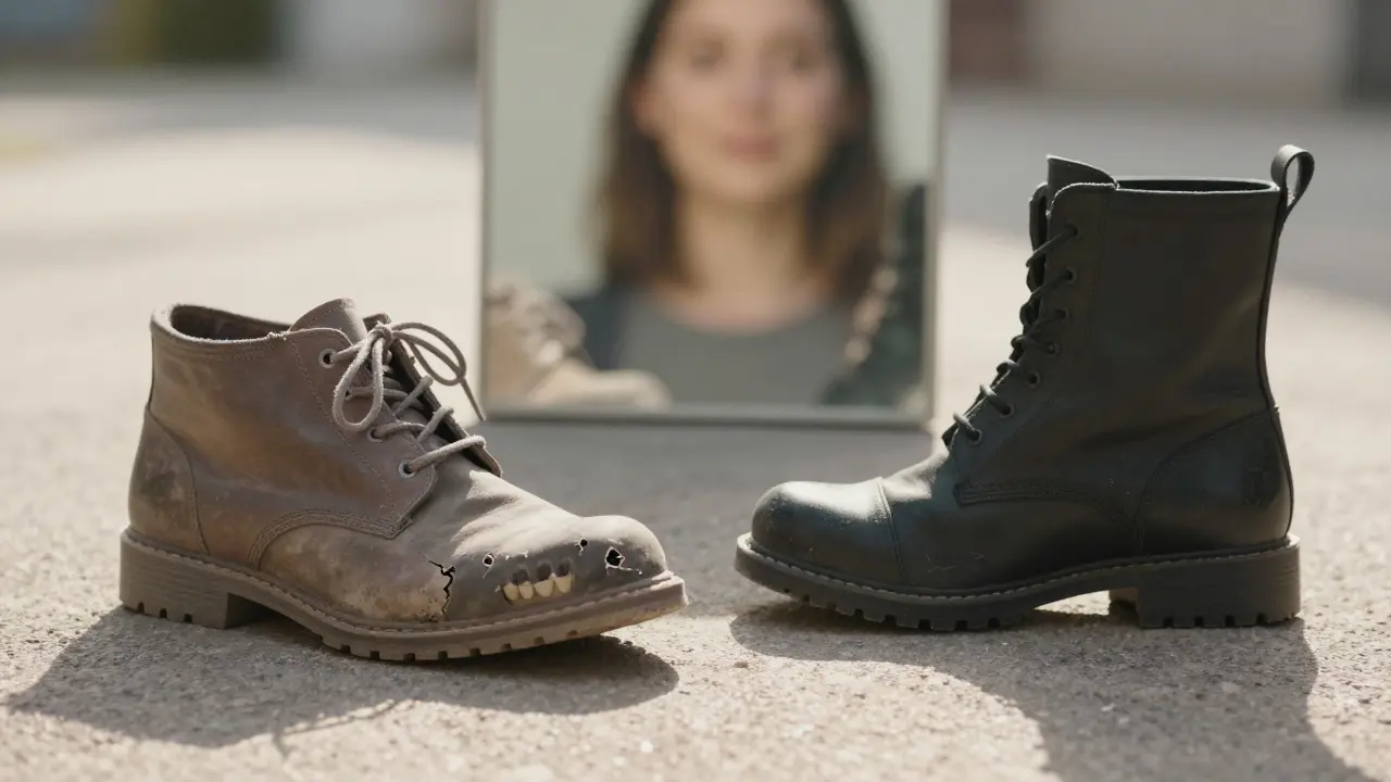 Dvojice bot: jedna s opravenou šňůrkou, druhá pevná a celistvá, symbolizující náhrady zubů.