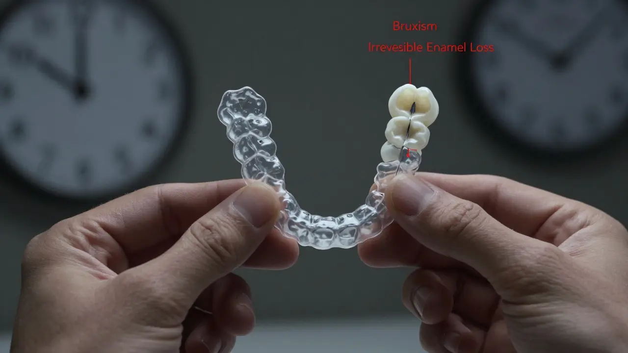 Hand holding clear aligner next to a chipped veneer, with dental chart showing irreversible enamel loss.