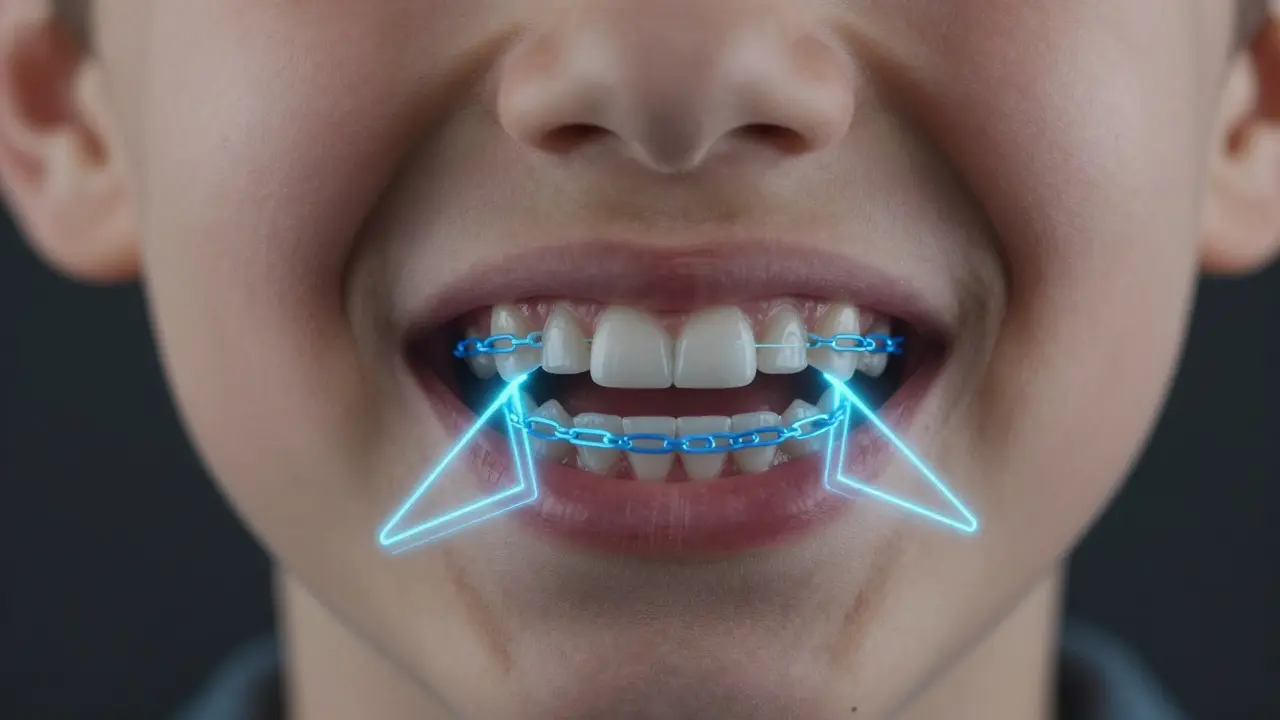 Křížový řez čelisti s viditelnými gumovými vazbami působícími na různé směry pro korekci přešlapu a asymetrie.