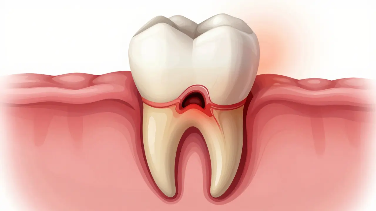 Křížový řez předního zubu s viditelným abscesem v kořeni, infekce se šíří do kosti.
