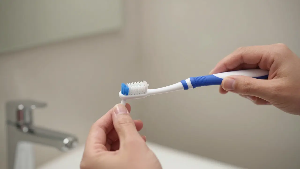 Osoba čistí zuby s fixními braketami pomocí interdentálního kartáčku a nitě s threaderem