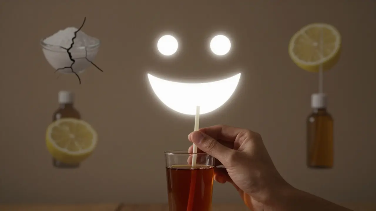 Osoba pije skrz slámku, zatímco jasné zuby září v pozadí, špatné metody jsou zastíněny ve stínu.