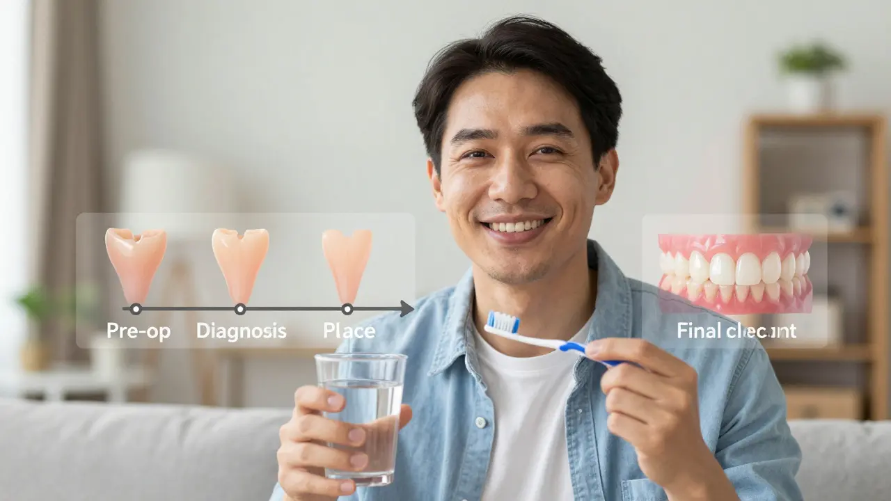 Pacient se širokým úsměvem drží zubní kartáček a sklenici vody, symbolizující úspěšnou implantaci.