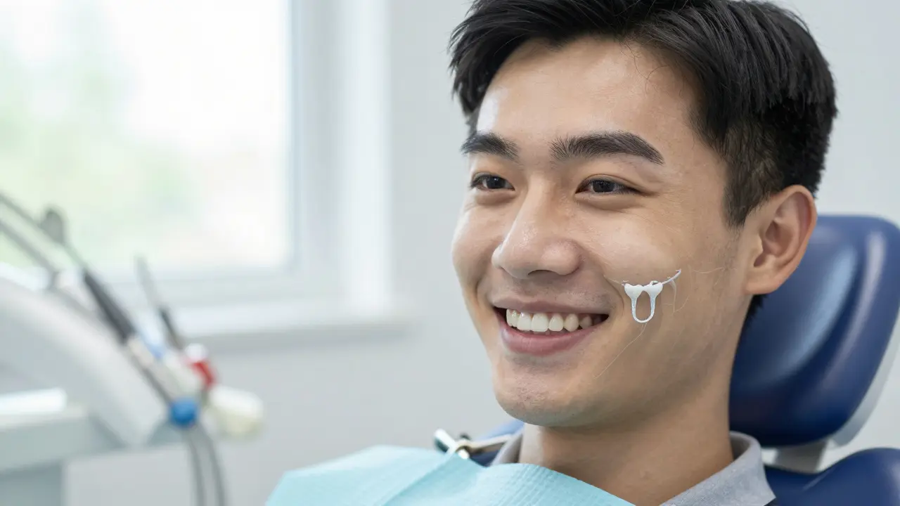 Pacient se usmívá s přirozeně vyrobeným zubním můstkem, který vypadá jako skutečný zub.