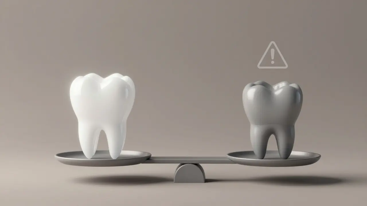 Porovnání bílého přirozeného zubu a šedé korunky po bělení.