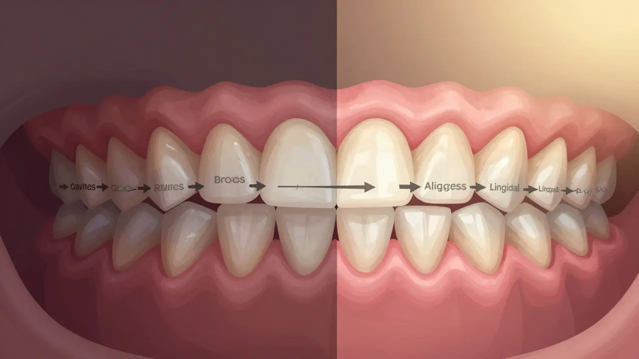 Porovnání křivých a srovnaných zubů: na jedné straně zdravotní rizika, na druhé zdravé, jasně zarovnané zuby.