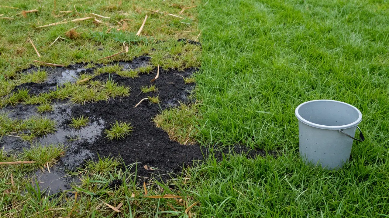 Porovnání opomenutého trávníku s černými skvrnami a zdravého trávníku po pískování – jasný kontrast odvodnění a růstu.