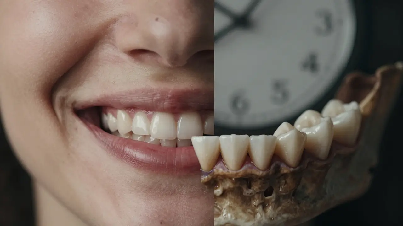 Porovnání zdravé čelisti a zanikající kosti bez zubu – symbolický kontrast.