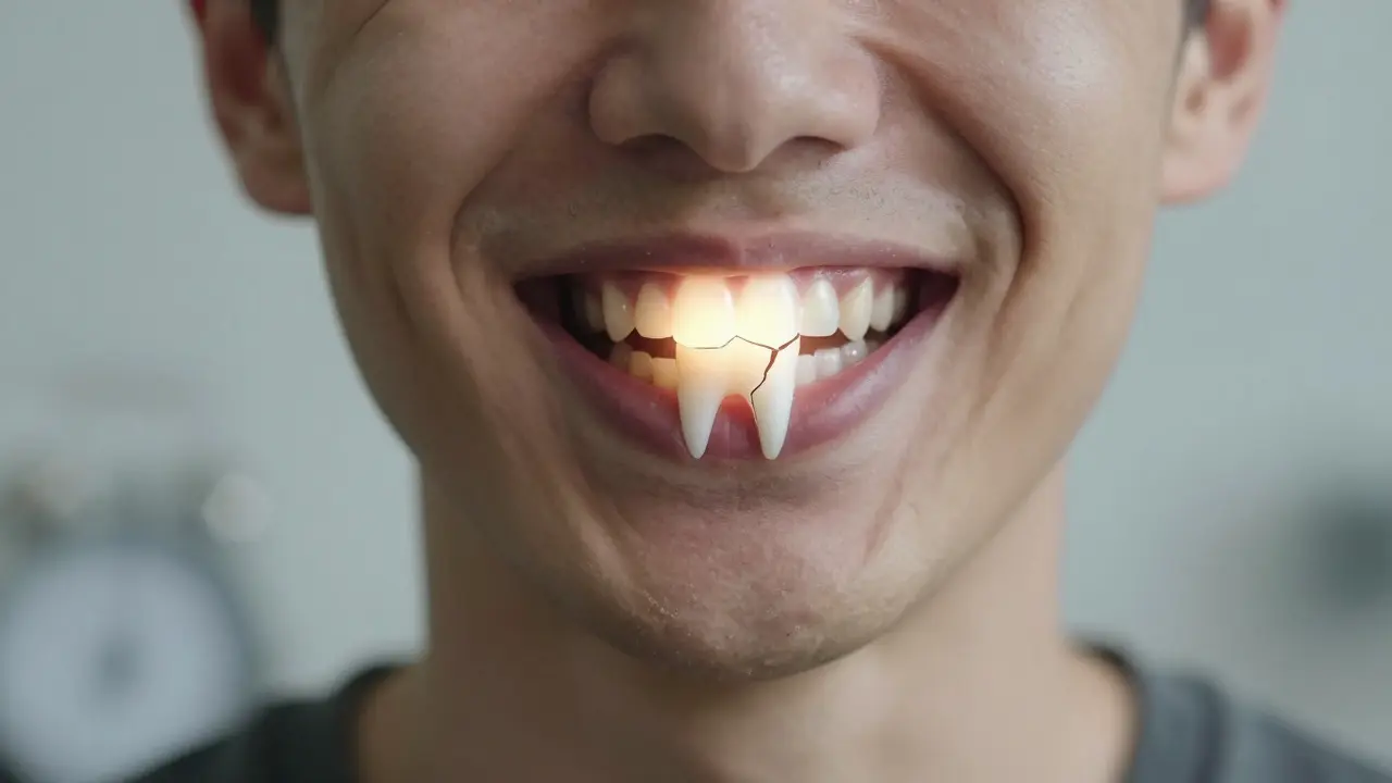 Prásknutý přední zub vyzařuje světlo, symbolizuje skryté poškození a zanedbanou bolest.