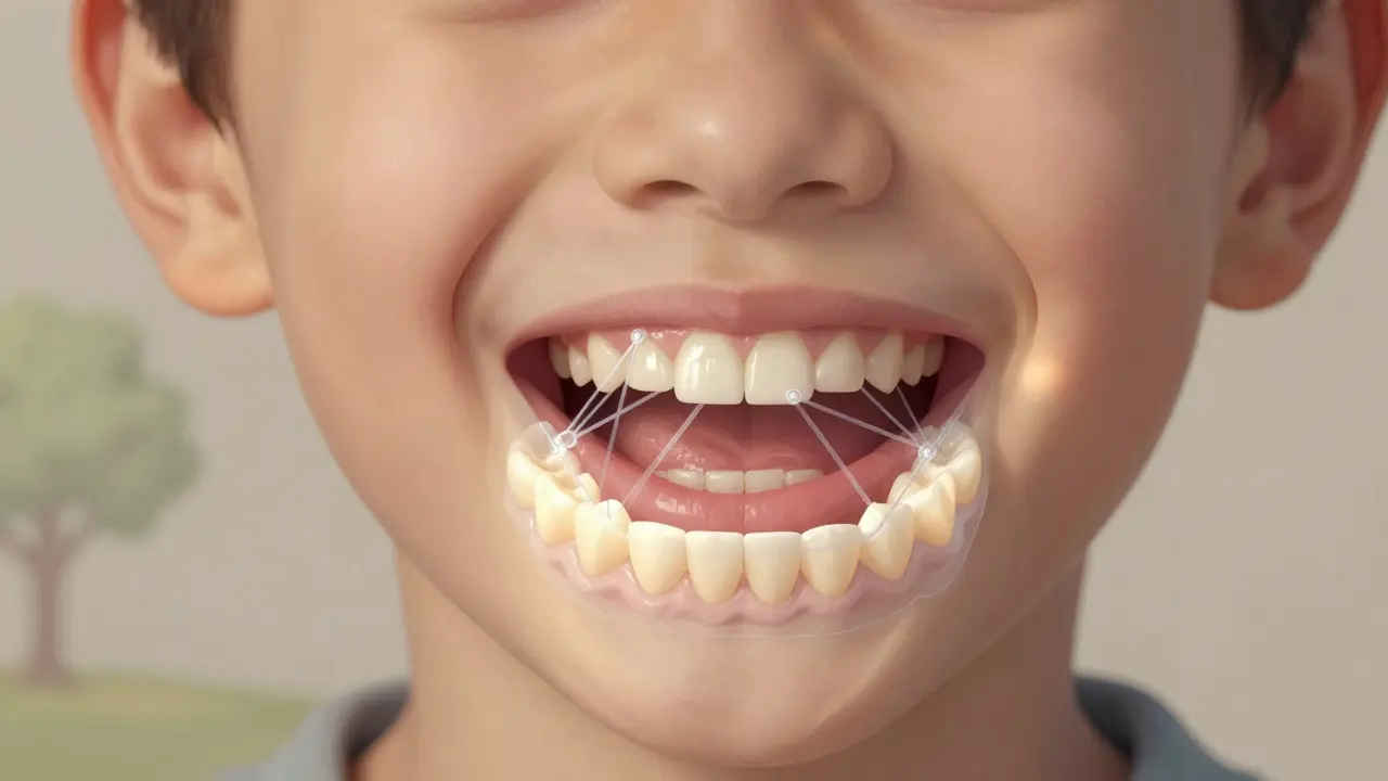 Průhledný přehled gumiček spojujících horní a dolní zuby v trojúhelníkovém vzoru pro korekci čelisti.