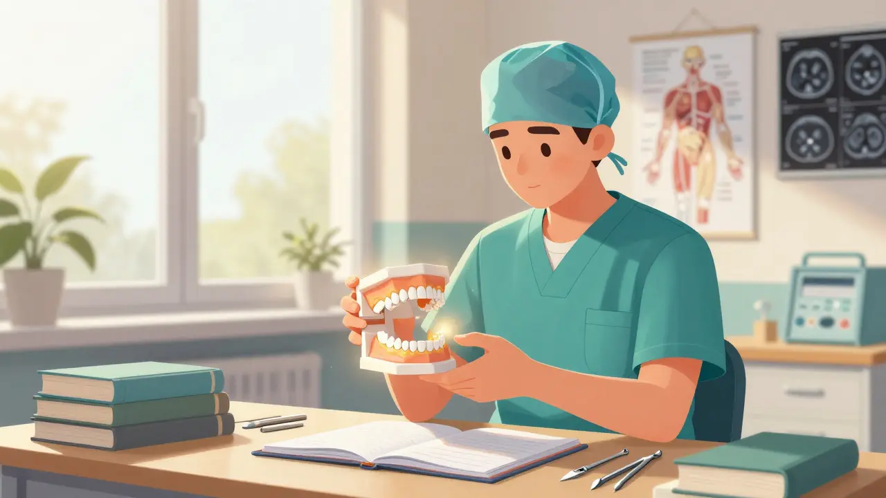 Student v Brně studuje 3D model čelisti pod dohledem zkušeného stomatochirurga.