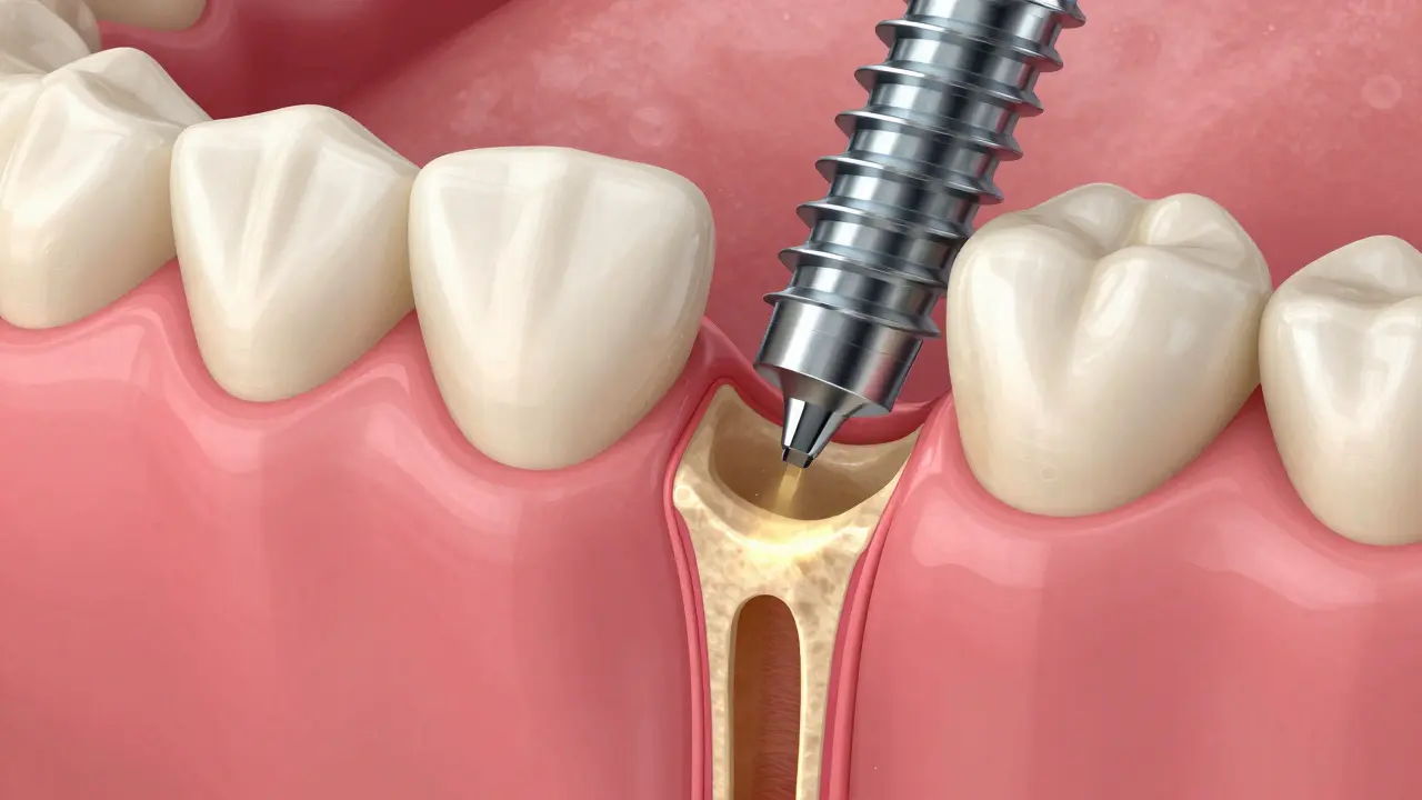 Titanový zubní implantát vstupující do zdravé čelistní kosti s červenou, zdravou dásní.