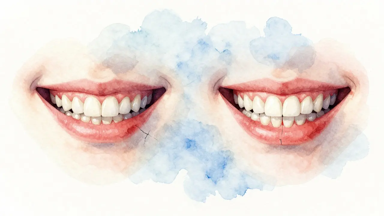 Two smiles side by side: one natural, one with veneers, but underlying teeth show damage in watercolor style.