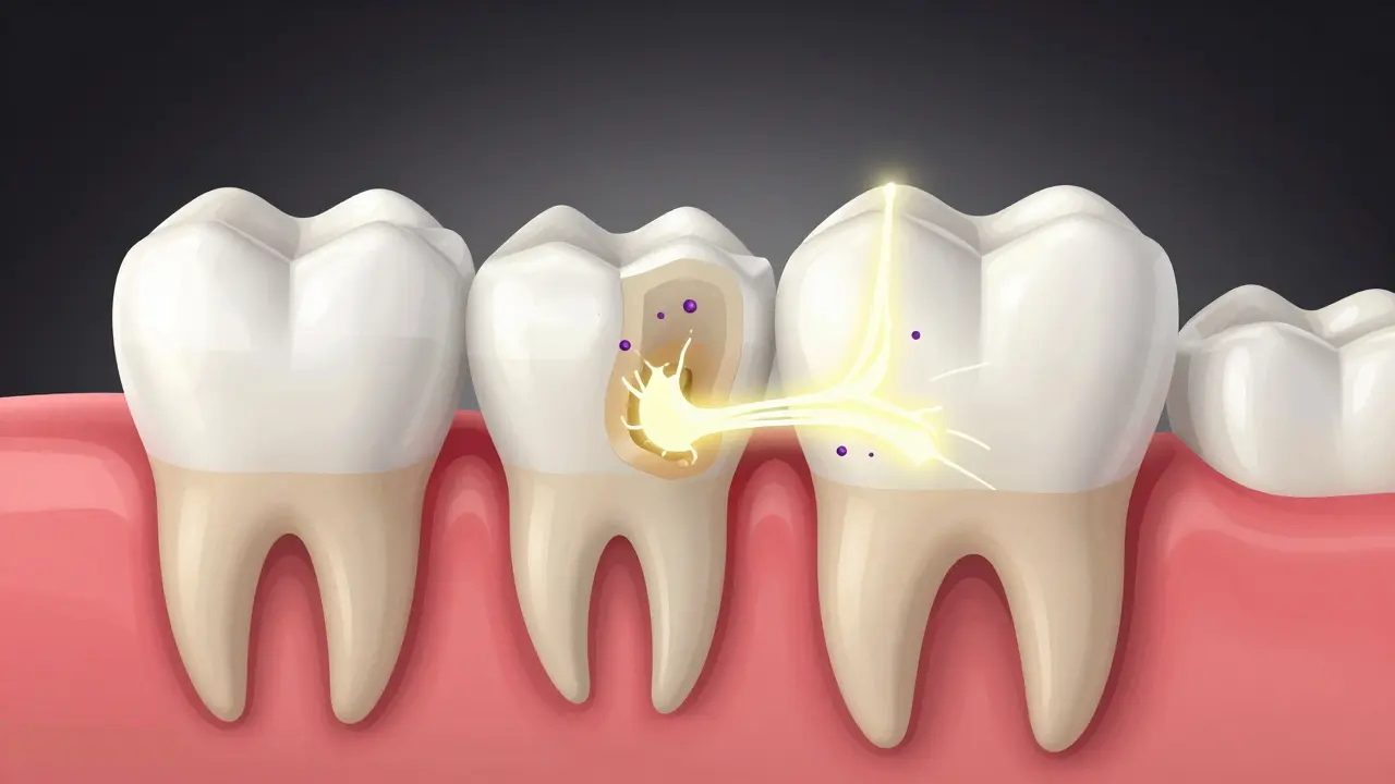 Vnitřní řez zubem s rozkládajícími se pigmenty pod vlivem peroxidu vodíku.